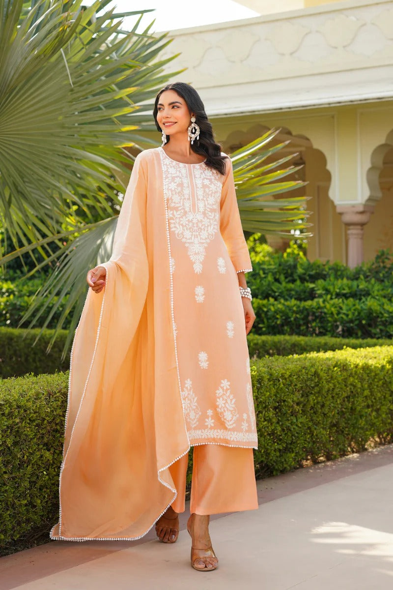 Peach Viscose Solid Embroidered Straight Kurta Palazzo With Dupatta