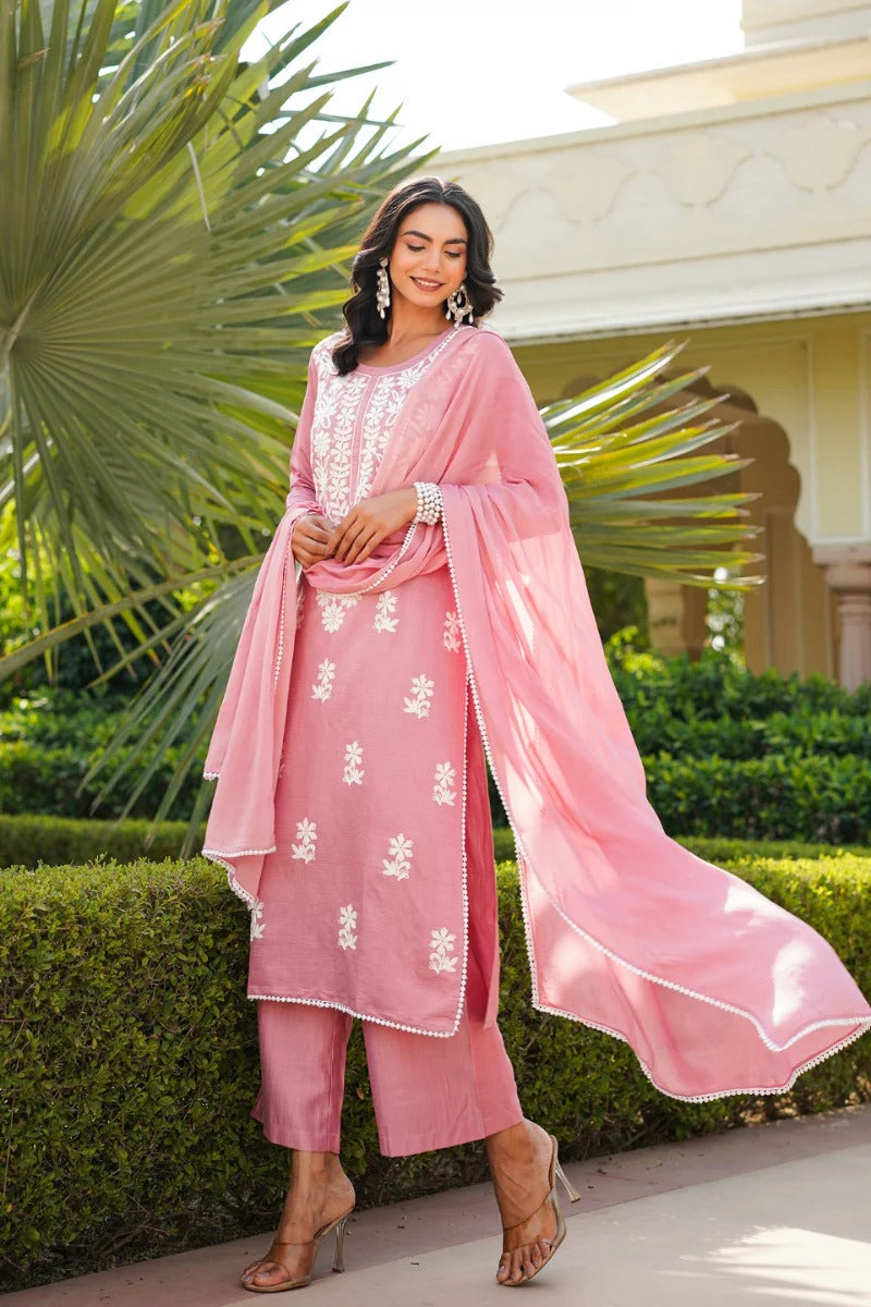 Pink Viscose Solid Embroidered Straight Kurta Palazzo With Dupatta