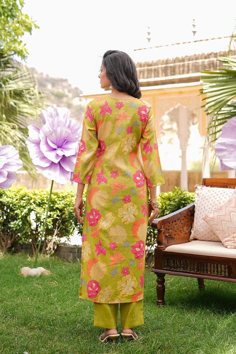 Lime Green Viscose Rayon Floral Embroidered Straight Kurta Trousers With Dupatta