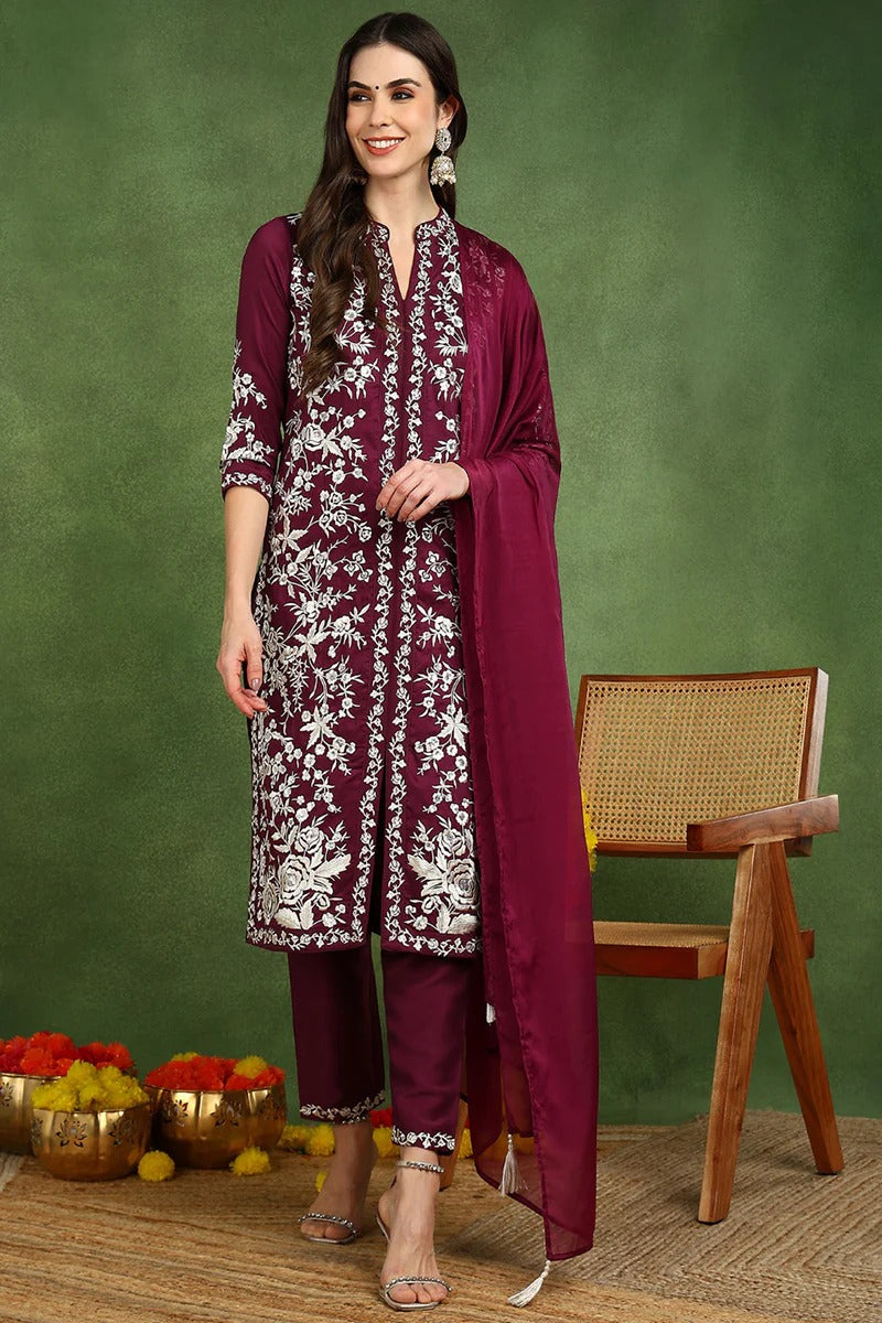 Purple Silk Blend Solid Embroidered Straight Suit Set