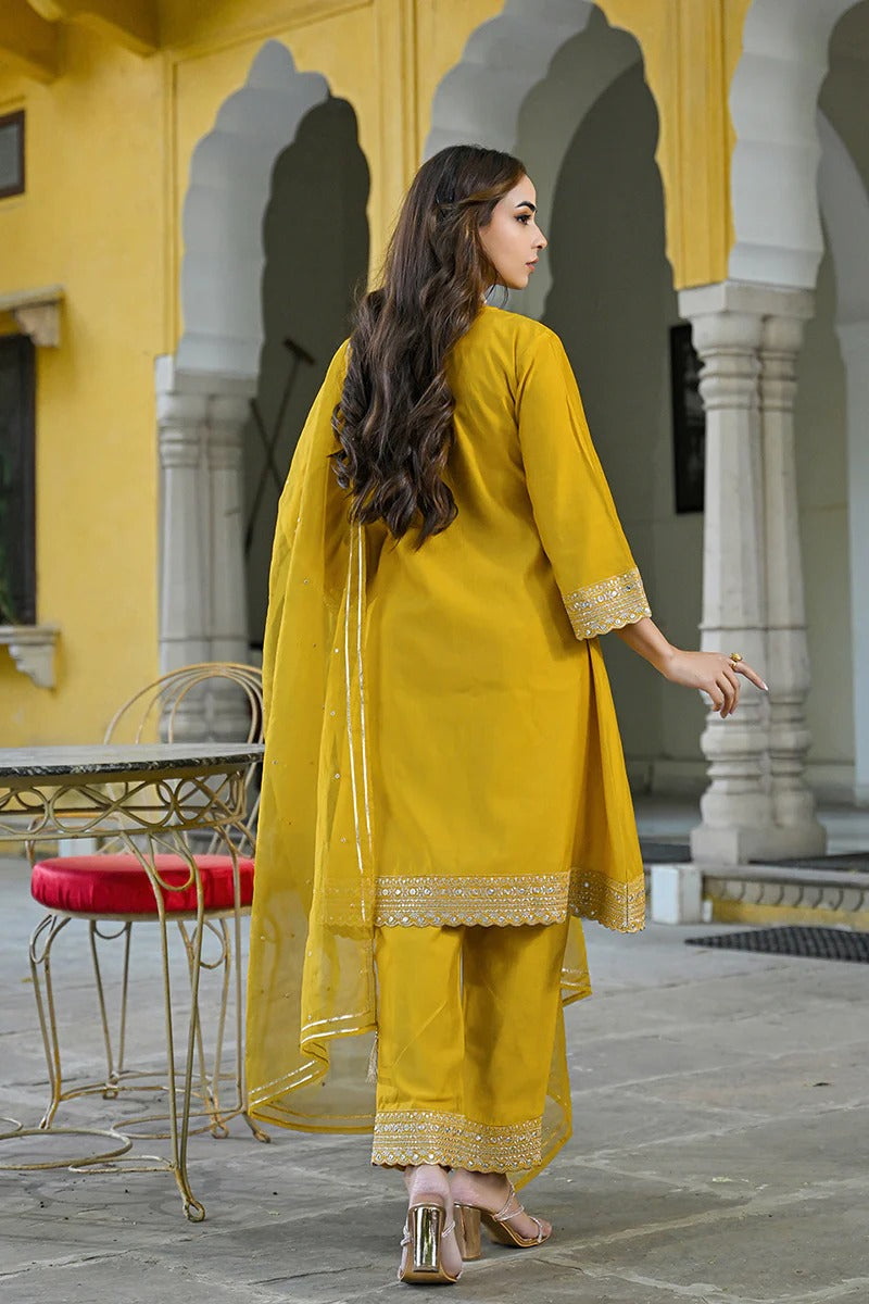 Mustard Silk Blend Solid Embroidered A-Line Kurta Trousers With Dupatta