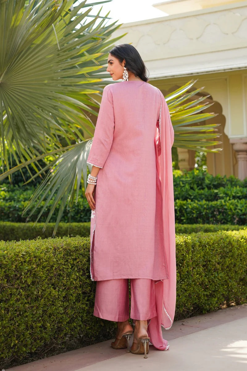 Pink Viscose Solid Embroidered Straight Kurta Palazzo With Dupatta