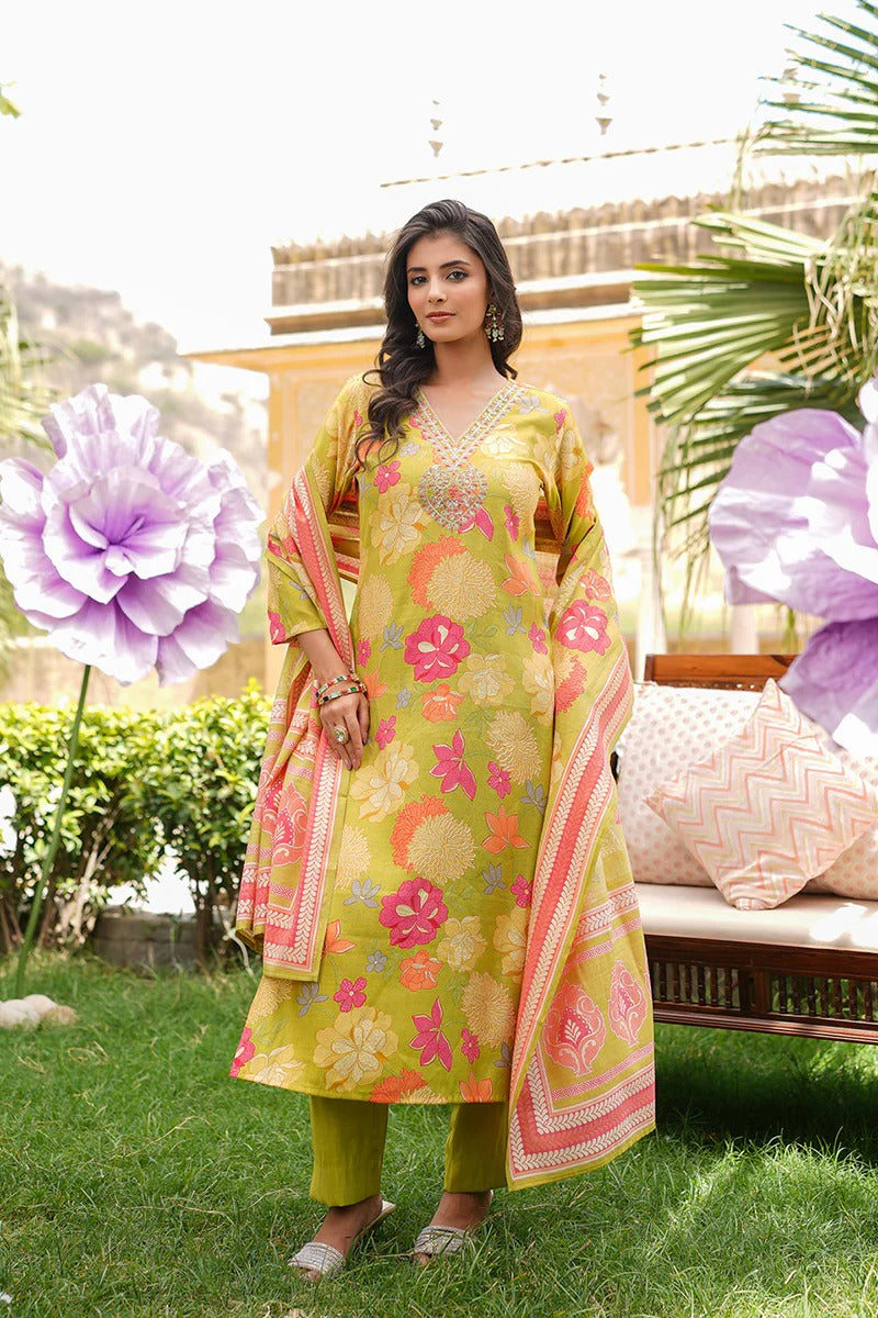 Lime Green Viscose Rayon Floral Embroidered Straight Kurta Trousers With Dupatta
