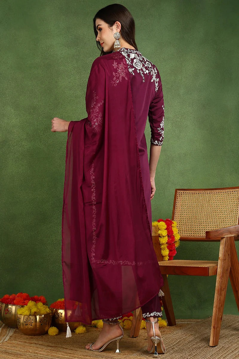 Purple Silk Blend Solid Embroidered Straight Suit Set