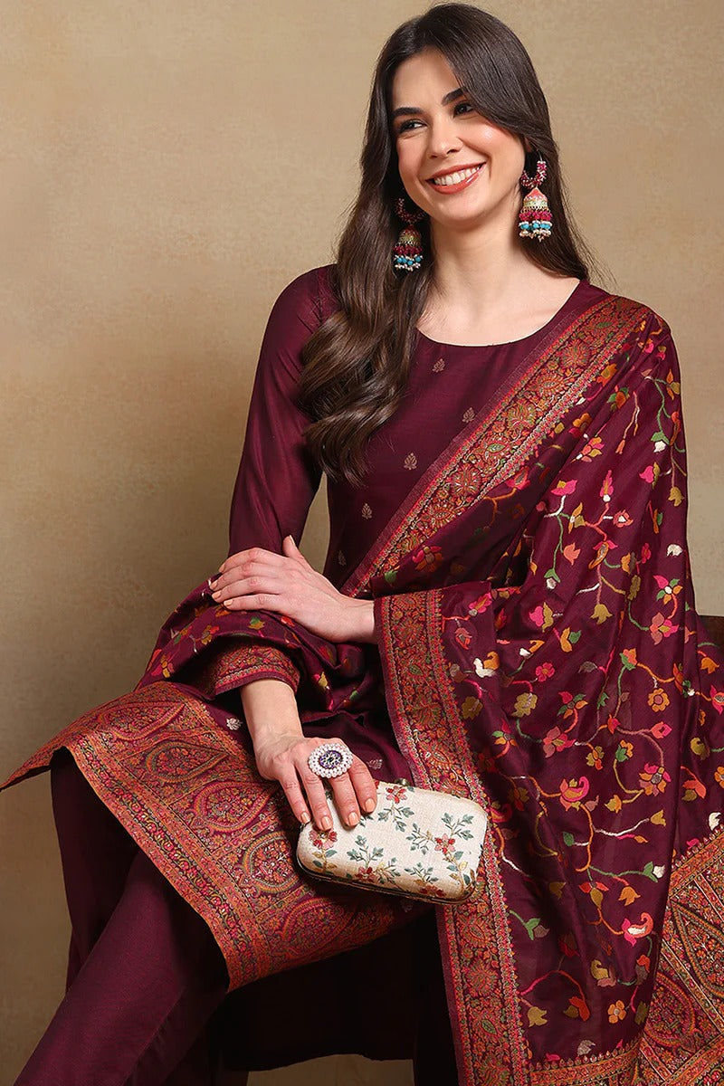 Burgundy Poly Chanderi Woven Design Straight Suit Set