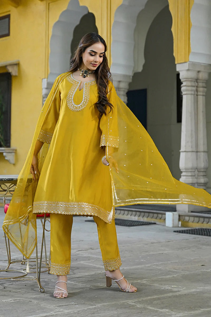 Mustard Silk Blend Solid Embroidered A-Line Kurta Trousers With Dupatta