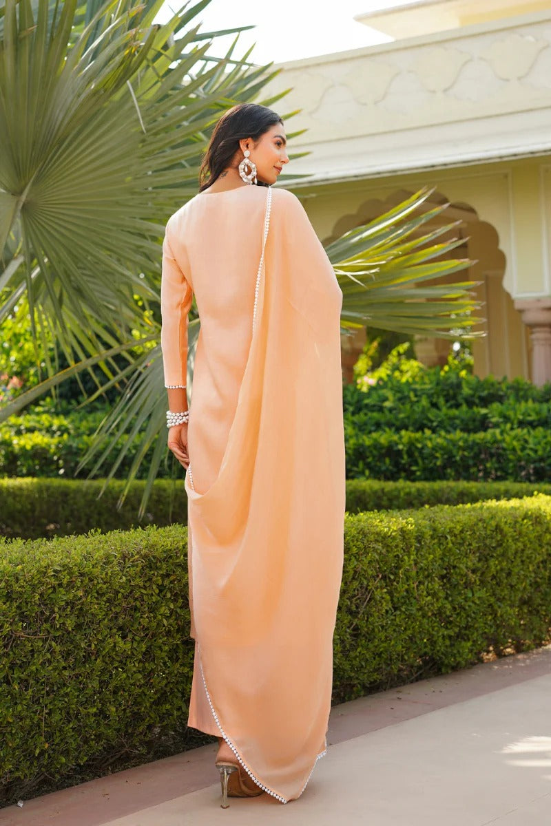 Peach Viscose Solid Embroidered Straight Kurta Palazzo With Dupatta