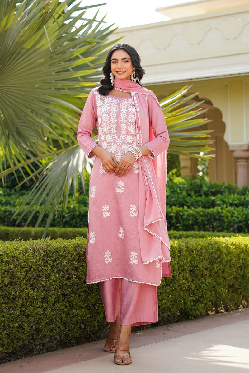 Pink Viscose Solid Embroidered Straight Kurta Palazzo With Dupatta