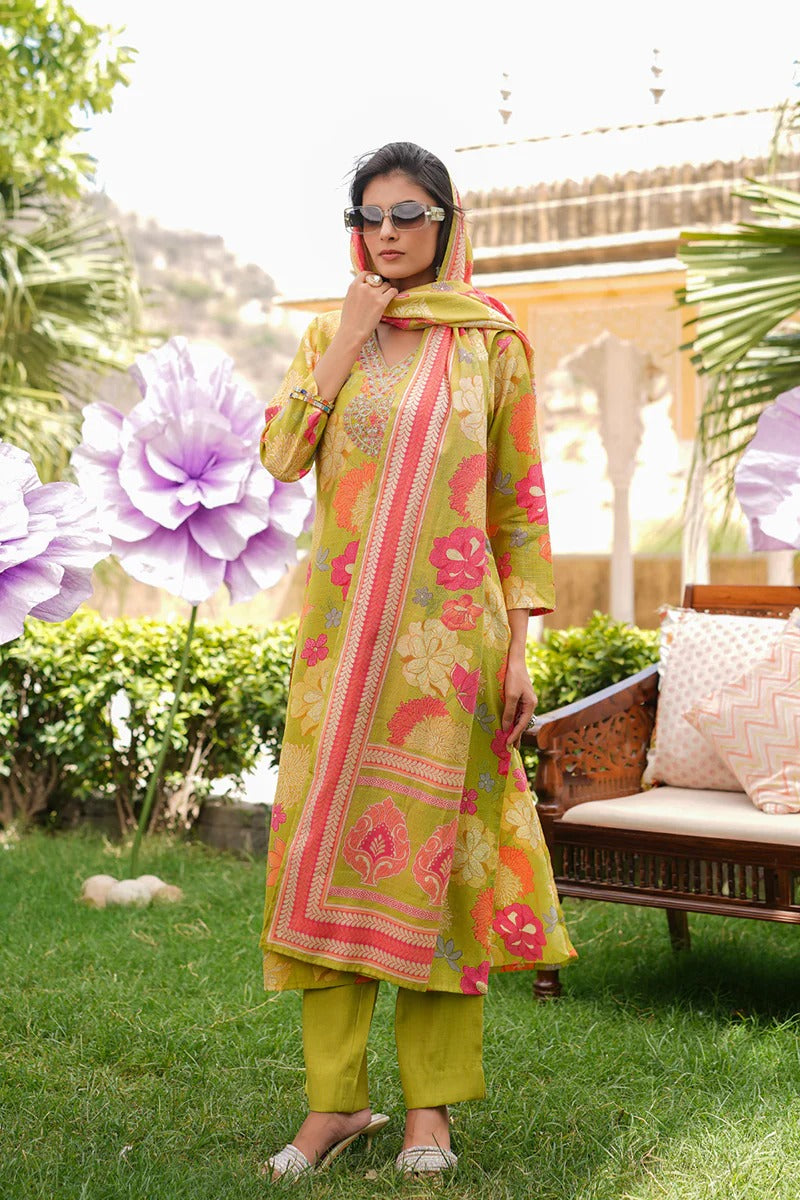 Lime Green Viscose Rayon Floral Embroidered Straight Kurta Trousers With Dupatta