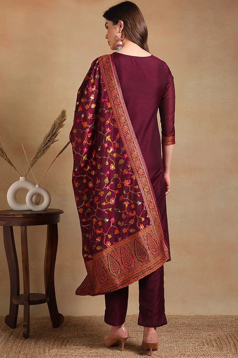 Burgundy Poly Chanderi Woven Design Straight Suit Set