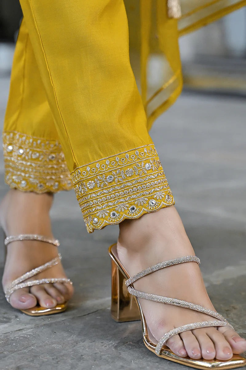 Mustard Silk Blend Solid Embroidered A-Line Kurta Trousers With Dupatta