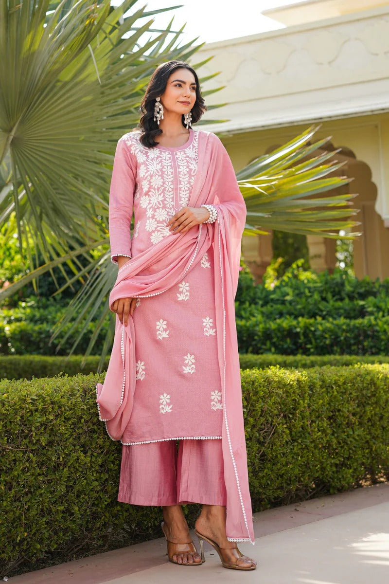 Pink Viscose Solid Embroidered Straight Kurta Palazzo With Dupatta