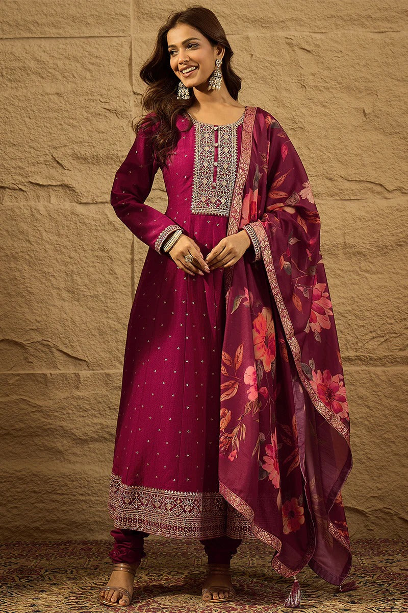 Maroon Pure Silk Bandhani Embroidered Anarkali Suit Sets