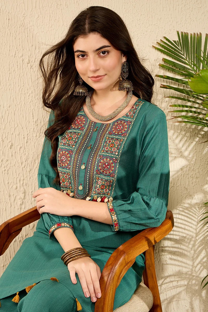 Teal Green Embroidered Viscose Rayon Straight Salwar Bottom Kurta Set