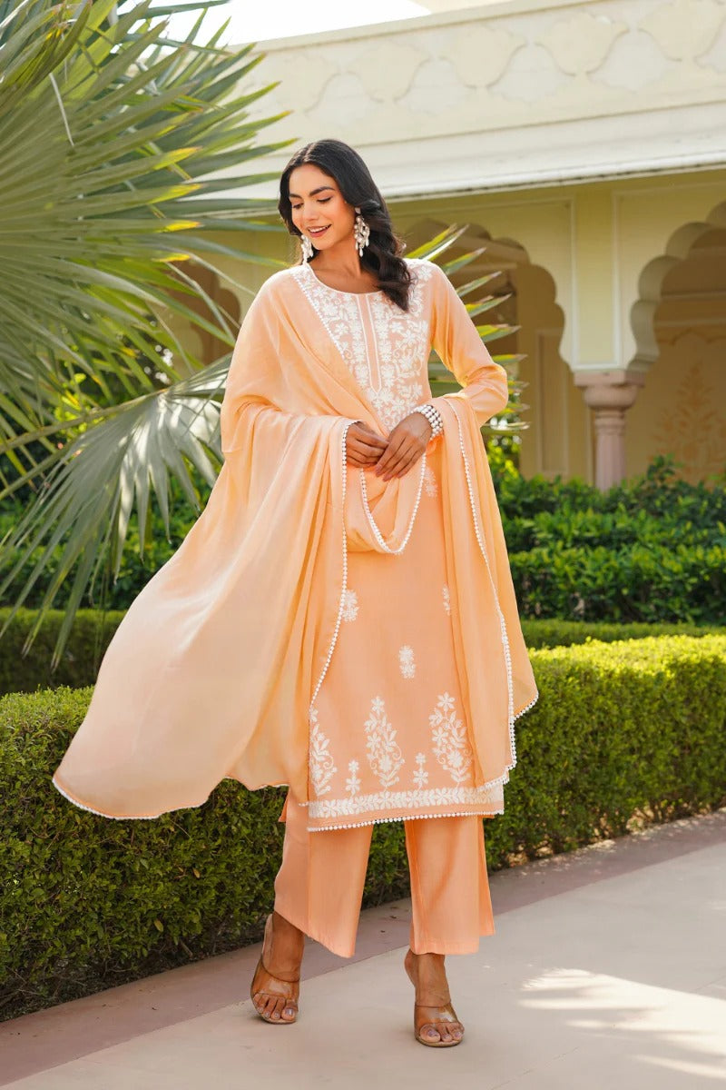 Peach Viscose Solid Embroidered Straight Kurta Palazzo With Dupatta