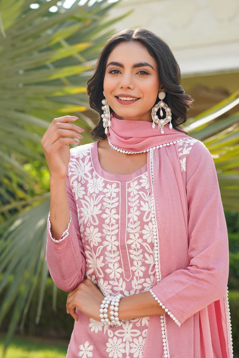 Pink Viscose Solid Embroidered Straight Kurta Palazzo With Dupatta