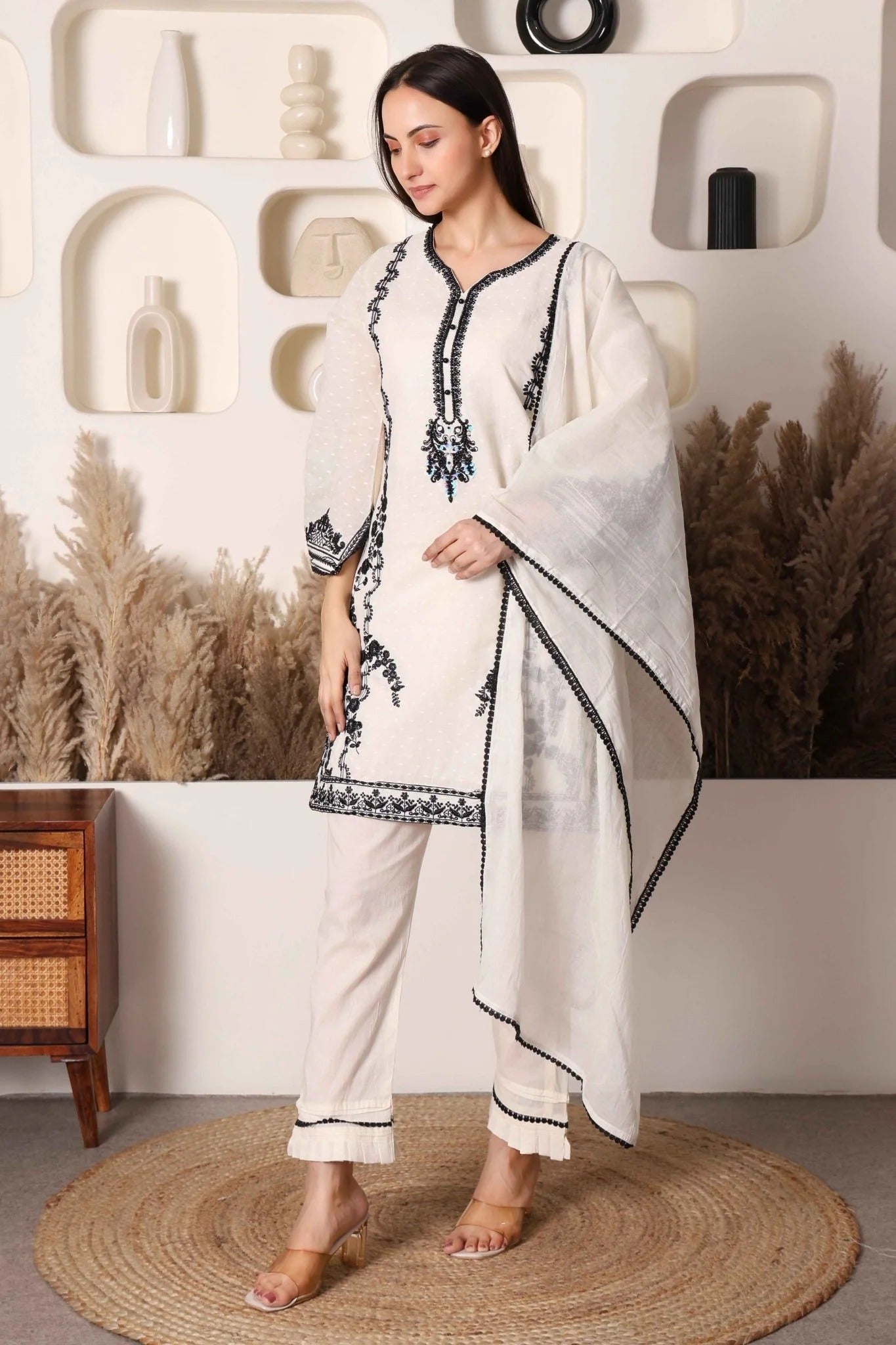 Black & Ivory Pakistani Cotton Embroidered Suit Set