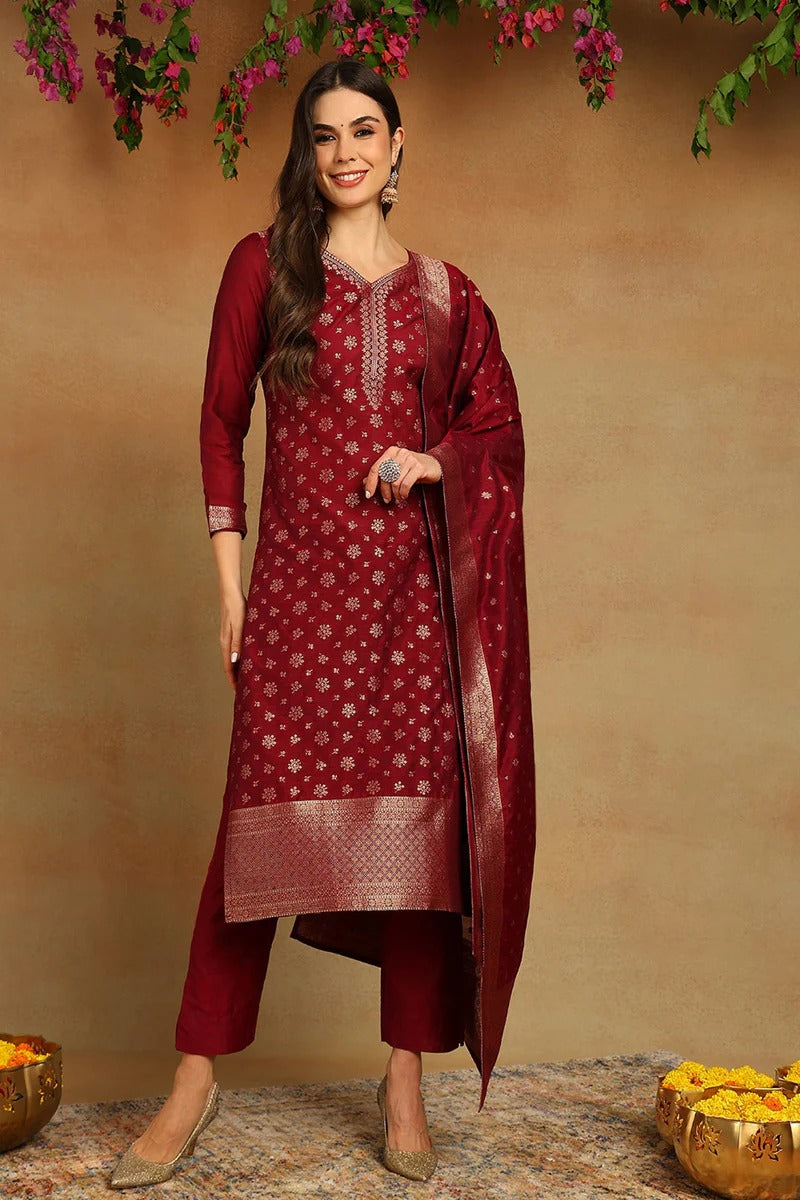 Red Poly Chanderi Woven Design Straight Suit Set