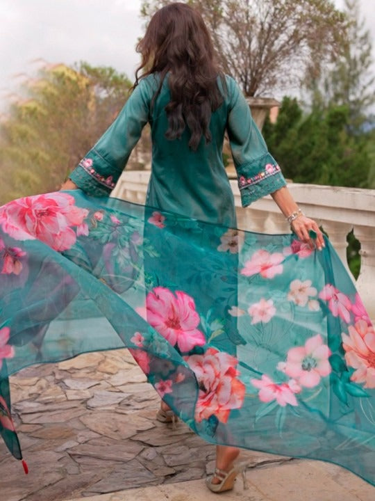 Premium Floral Yoke Design Thread Work A-Line Kurta With Trousers & Dupatta