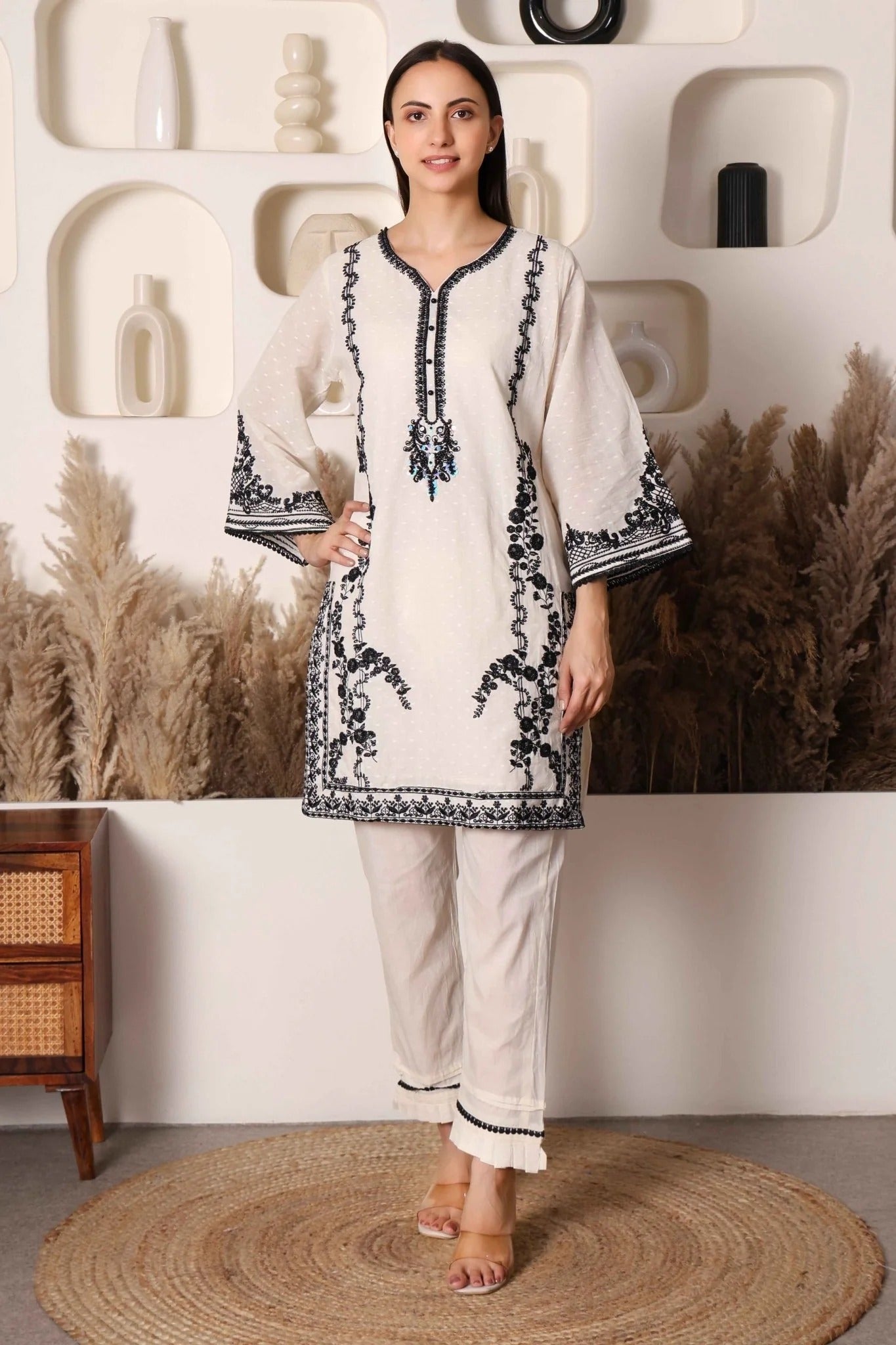 Black & Ivory Pakistani Cotton Embroidered Suit Set