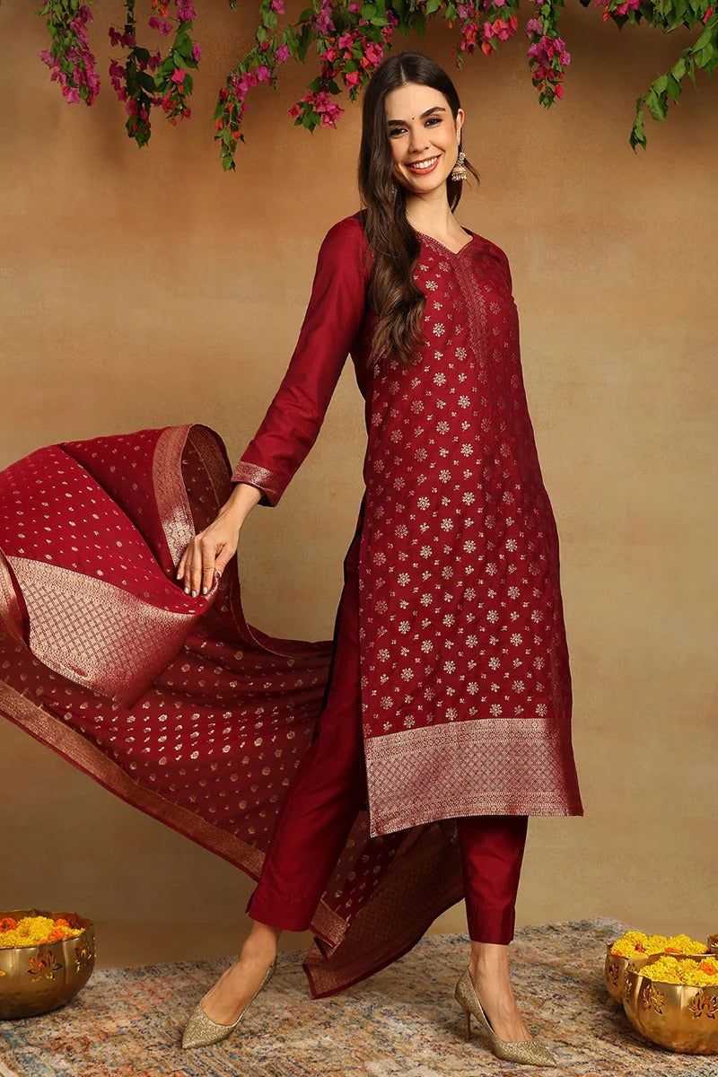 Red Poly Chanderi Woven Design Straight Suit Set