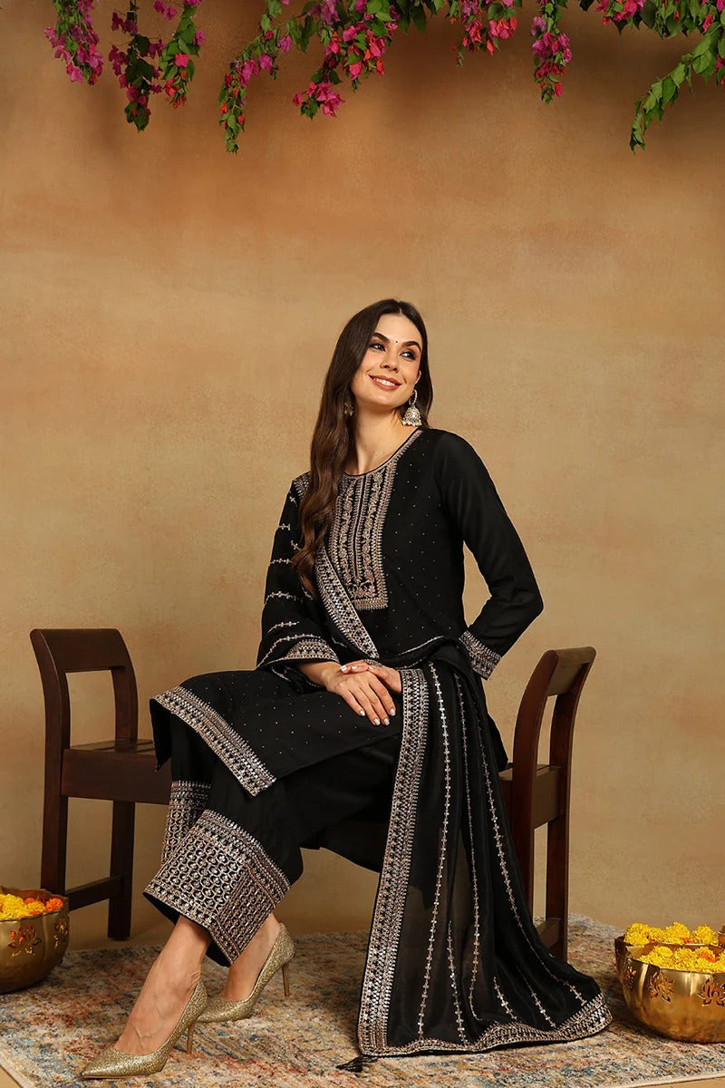 Black Silk Blend Solid Embroidered Straight Suit Set