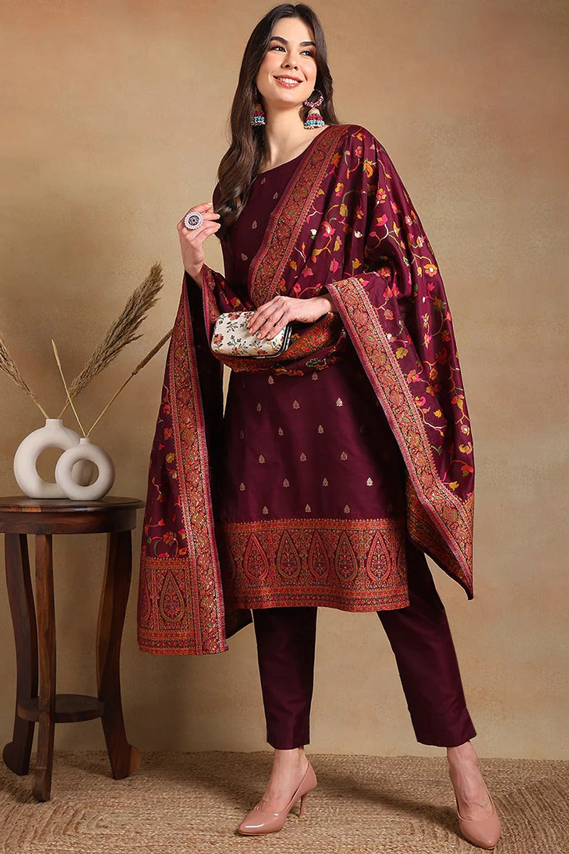 Burgundy Poly Chanderi Woven Design Straight Suit Set