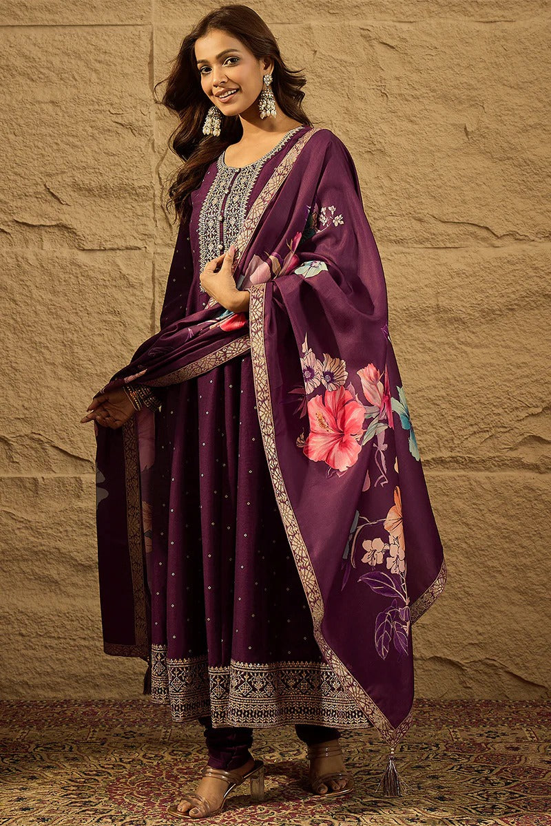 Purple Pure Silk Bandhani Embroidered Anarkali Suit Sets
