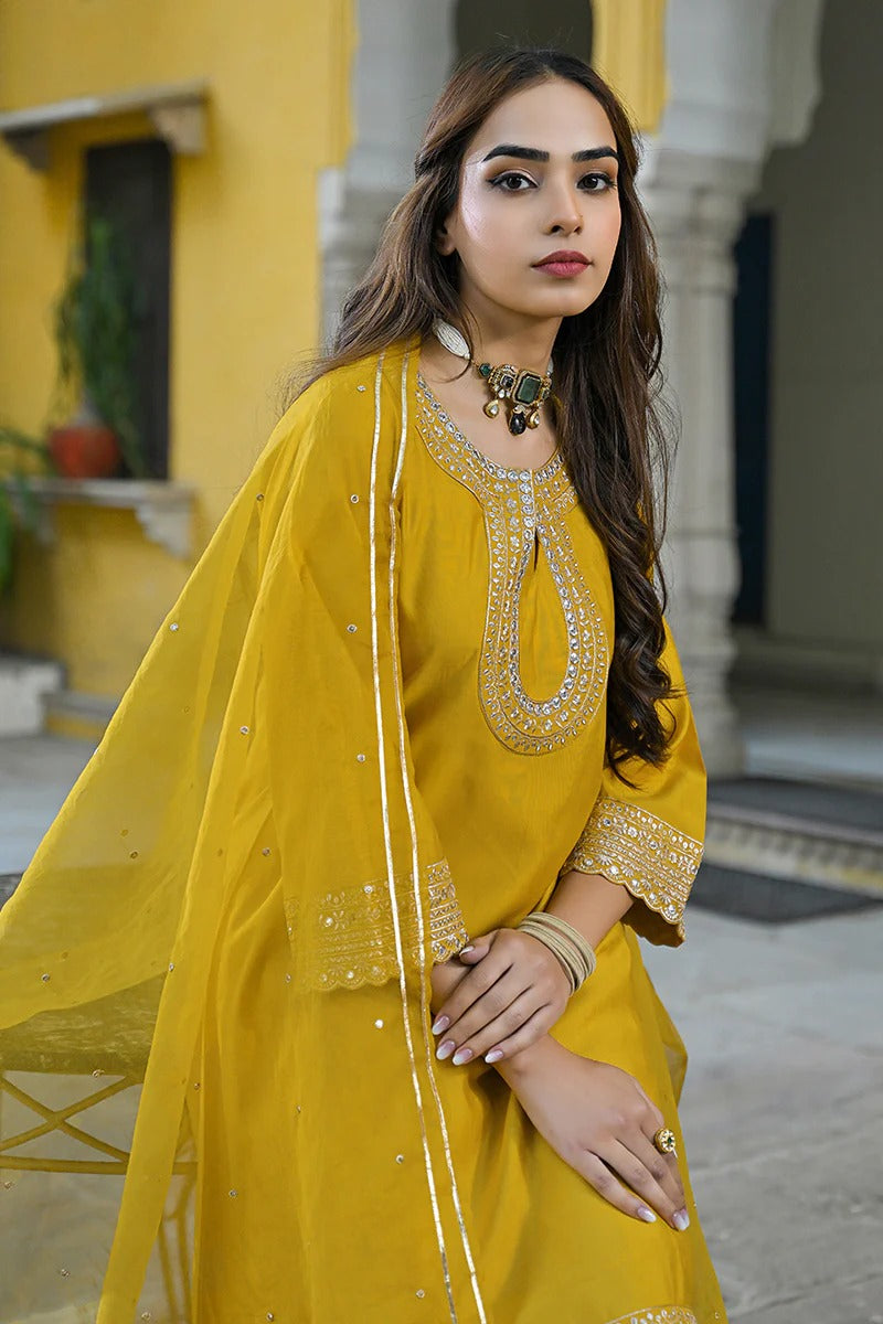 Mustard Silk Blend Solid Embroidered A-Line Kurta Trousers With Dupatta