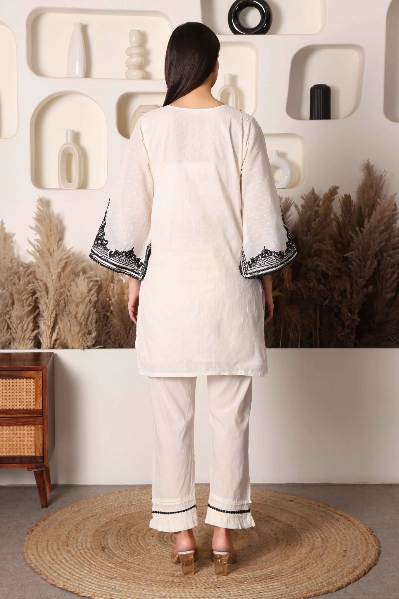 Black & Ivory Pakistani Cotton Embroidered Suit Set