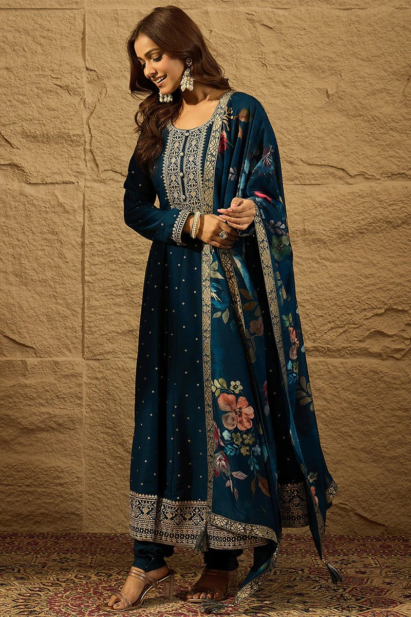 Blue Pure Silk Bandhani Embroidered Anarkali Suit Sets