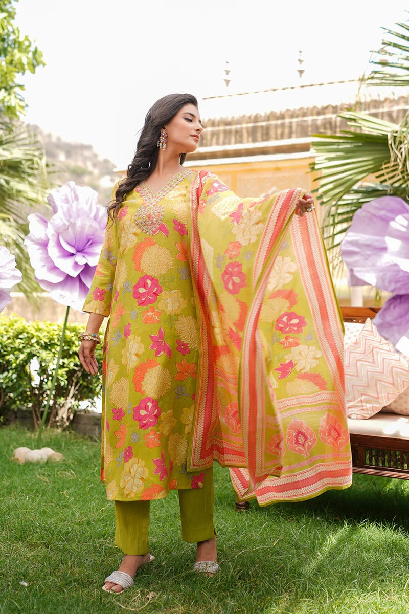 Lime Green Viscose Rayon Floral Embroidered Straight Kurta Trousers With Dupatta