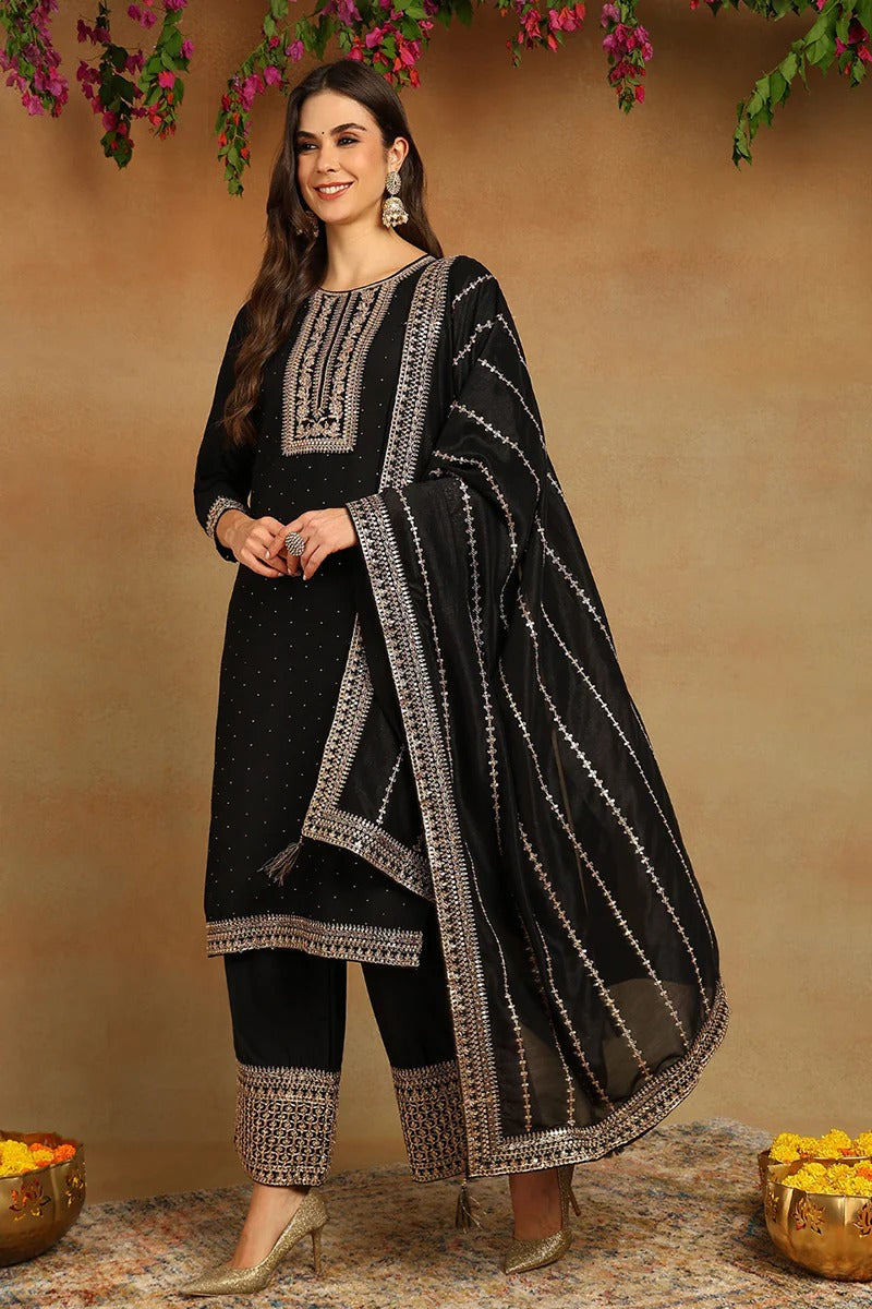 Black Silk Blend Solid Embroidered Straight Suit Set