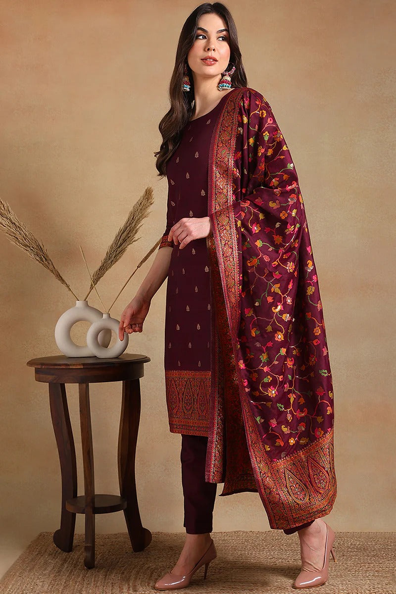 Burgundy Poly Chanderi Woven Design Straight Suit Set