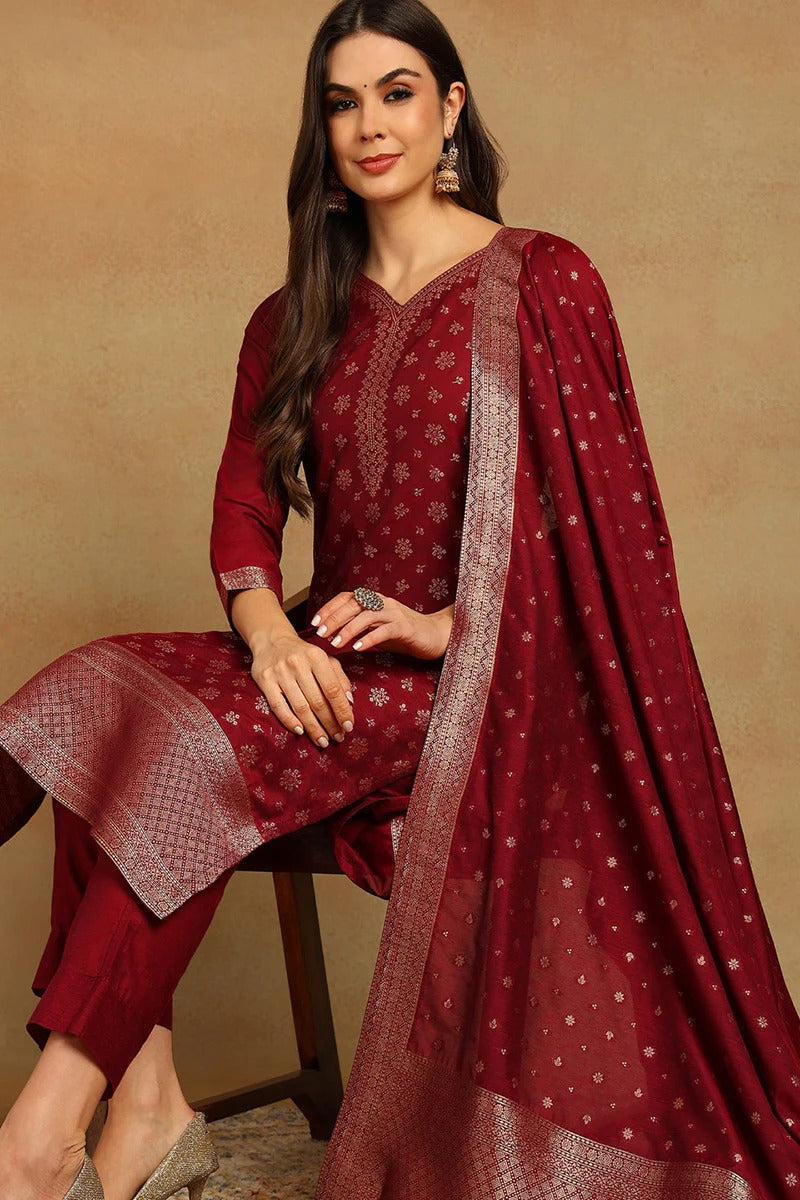 Red Poly Chanderi Woven Design Straight Suit Set