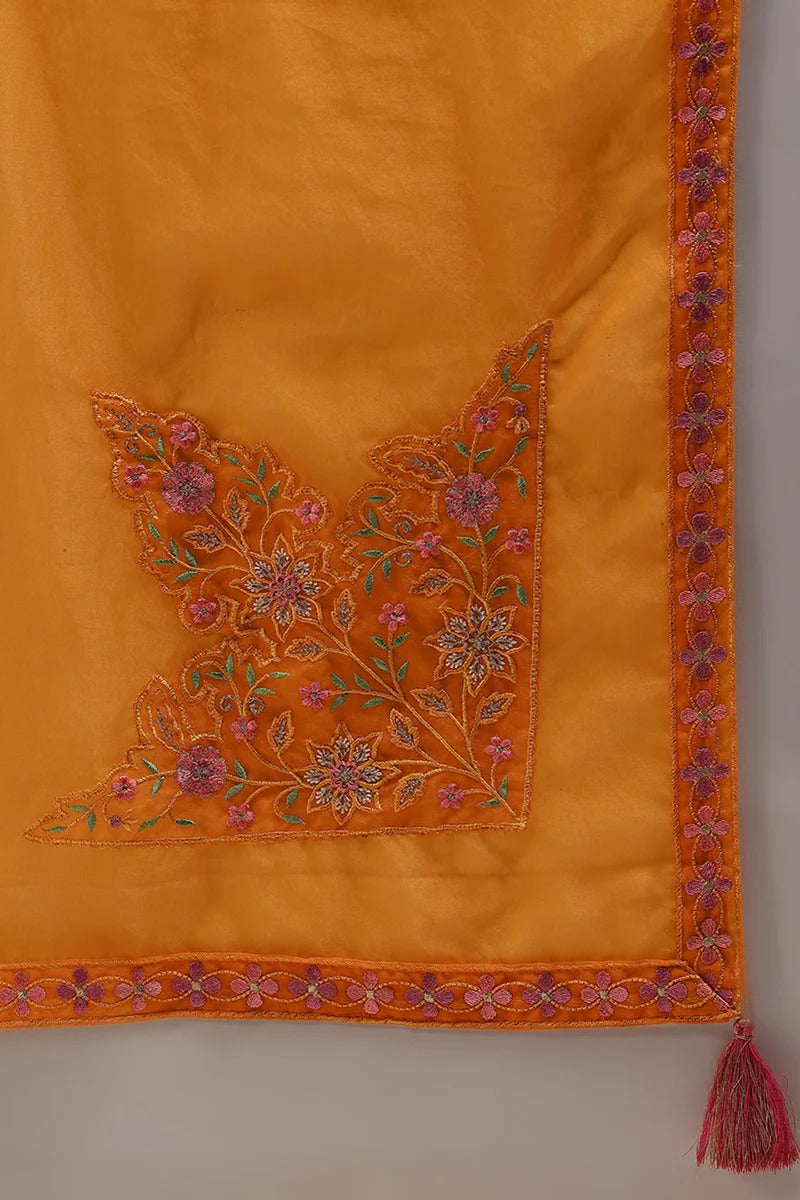 Mustard Silk Blend Solid Embroidered Straight Suit Set