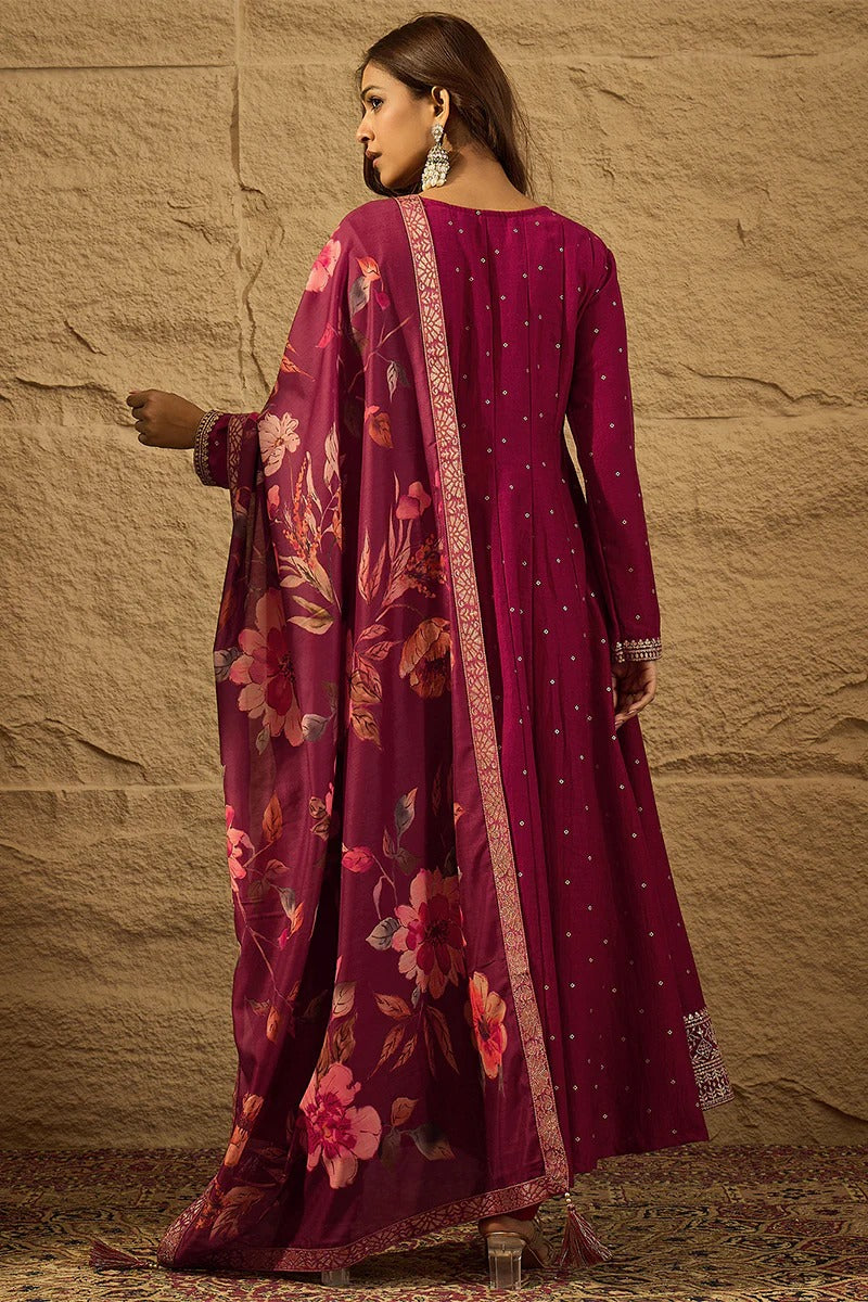 Maroon Pure Silk Bandhani Embroidered Anarkali Suit Sets