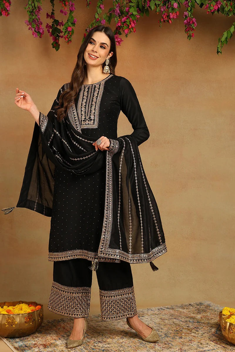 Black Silk Blend Solid Embroidered Straight Suit Set