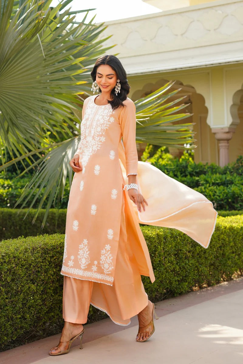 Peach Viscose Solid Embroidered Straight Kurta Palazzo With Dupatta