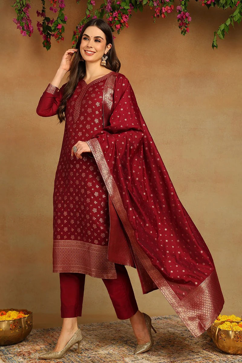 Red Poly Chanderi Woven Design Straight Suit Set
