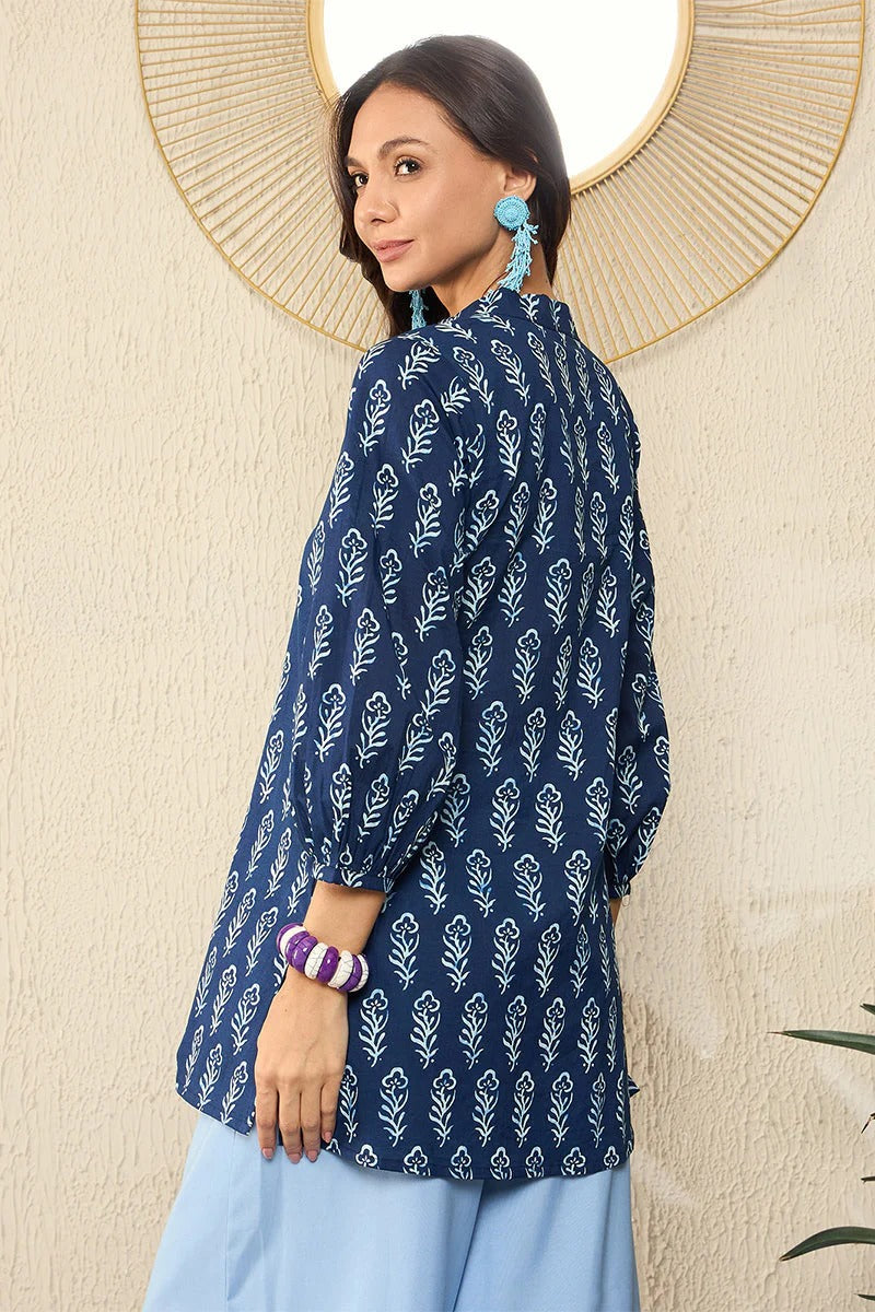 Blue Cotton Blend Floral Printed Regular Top