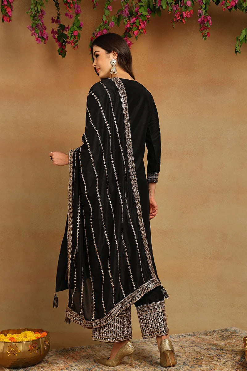 Black Silk Blend Solid Embroidered Straight Suit Set