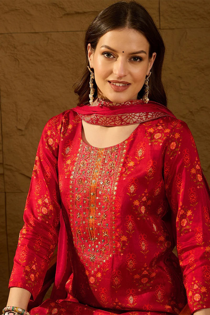 Red Silk Ethnic Motifs Woven Design Straight Kurta Trousers With Dupatta
