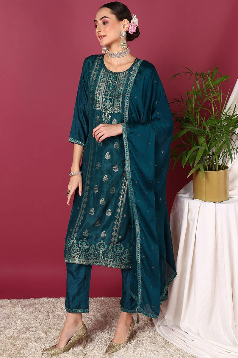 Teal Silk Blend Ethnic Motifs Woven Design Straight Suit Set