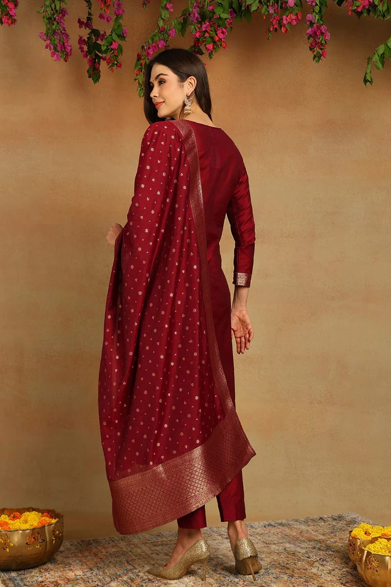 Red Poly Chanderi Woven Design Straight Suit Set