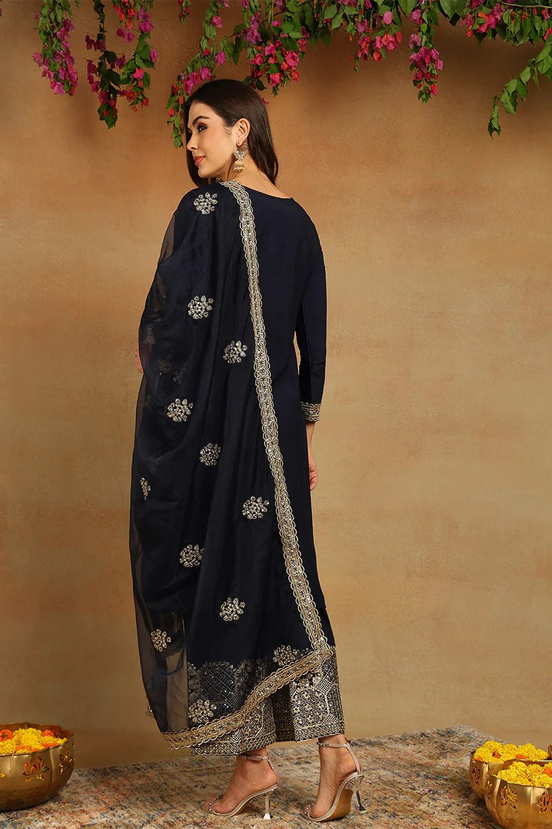 Navy Blue Silk Blend Solid Embroidered Straight Suit Set