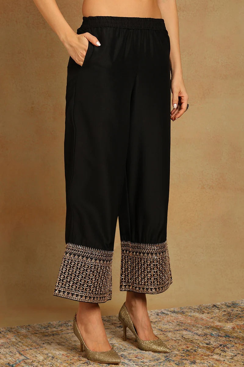 Black Silk Blend Solid Embroidered Straight Suit Set
