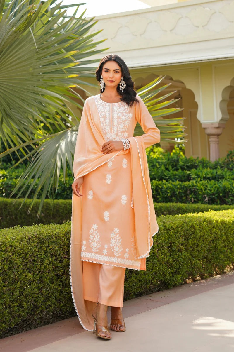 Peach Viscose Solid Embroidered Straight Kurta Palazzo With Dupatta