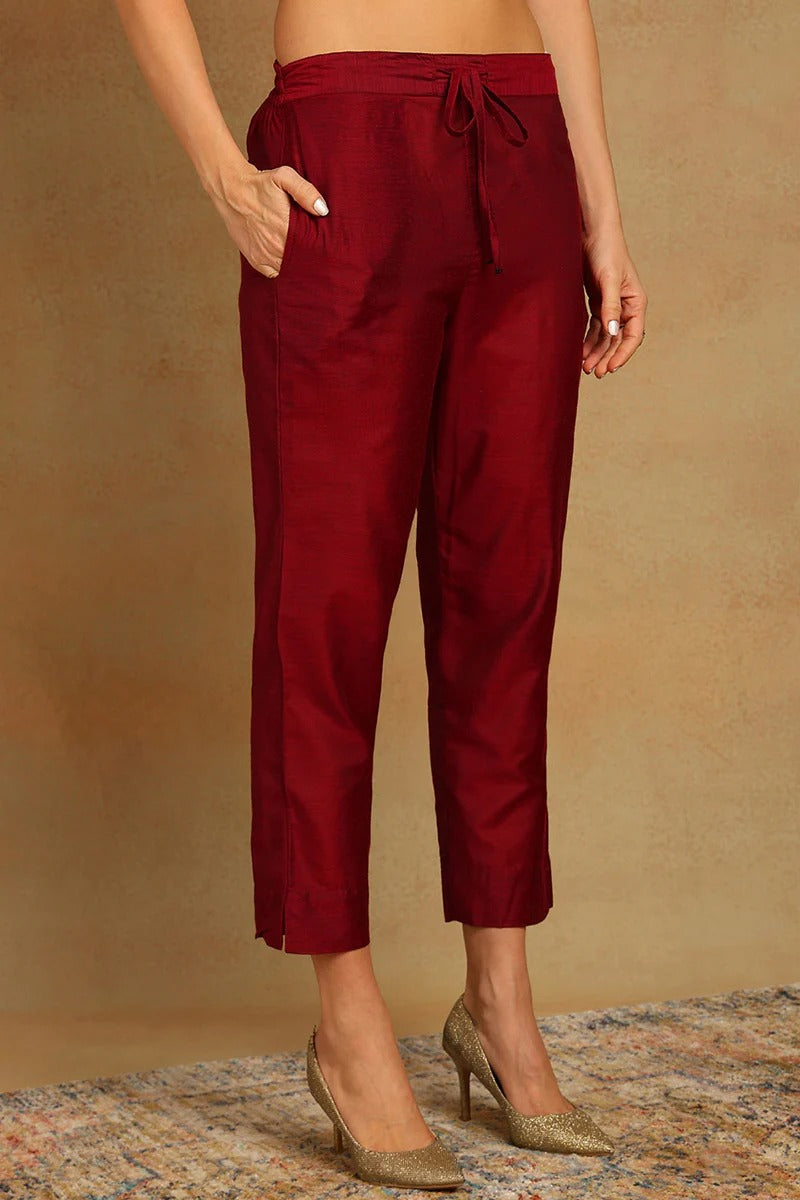 Red Poly Chanderi Woven Design Straight Suit Set