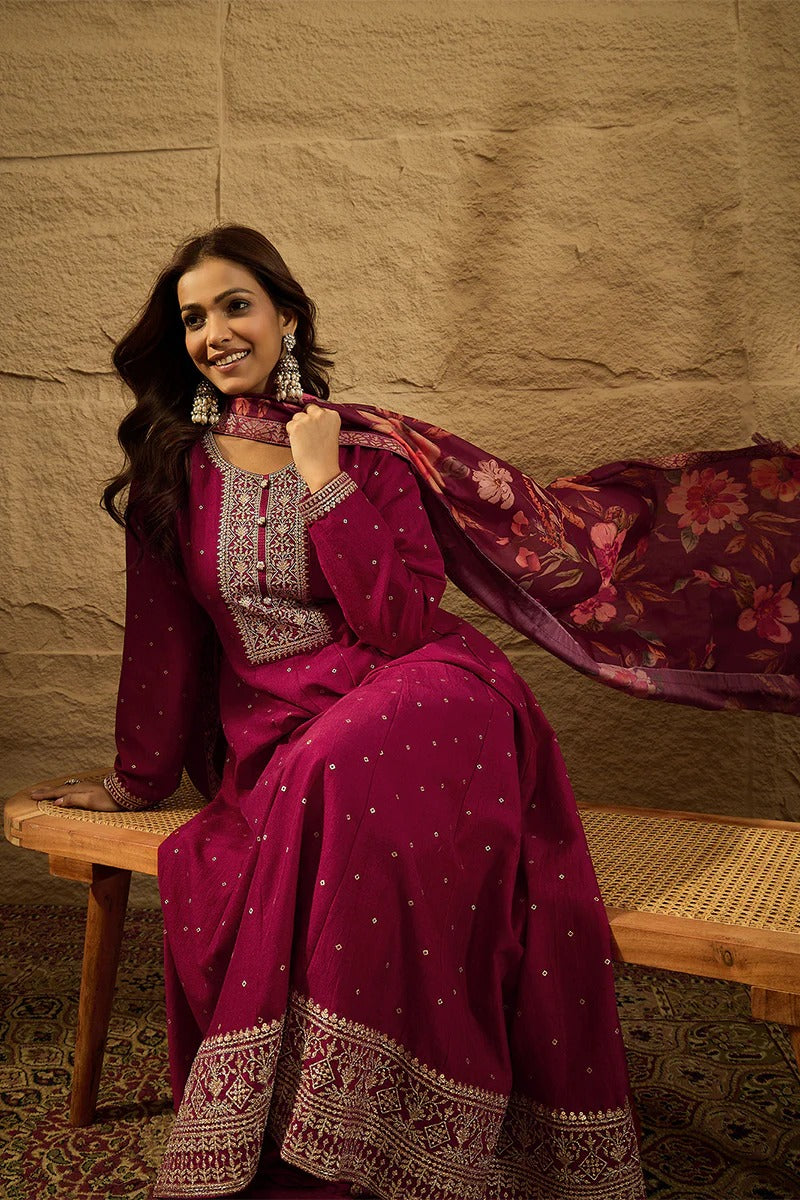 Maroon Pure Silk Bandhani Embroidered Anarkali Suit Sets